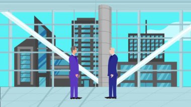 Modern ofis alanında birbiriyle konuşan iki iş adamının 2D animasyonu
