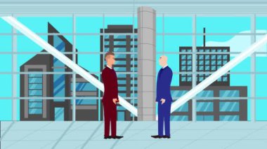 Modern ofis alanında birbiriyle konuşan iki iş adamının 2D animasyonu