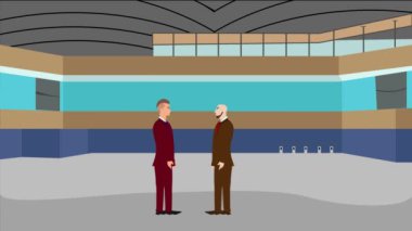 Modern ofis alanında birbiriyle konuşan iki iş adamının 2D animasyonu