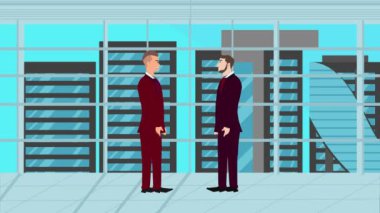 Modern ofis alanında birbiriyle konuşan iki iş adamının 2D animasyonu