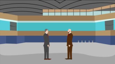 Modern ofis alanında birbiriyle konuşan iki iş adamının 2D animasyonu