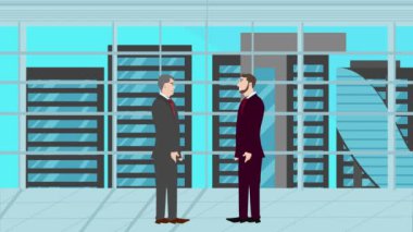 Modern ofis alanında birbiriyle konuşan iki iş adamının 2D animasyonu