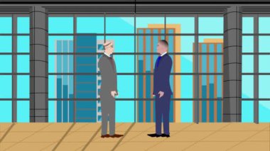 Modern ofis alanında birbiriyle konuşan iki iş adamının 2D animasyonu