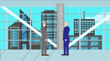 Modern ofis alanında birbiriyle konuşan iki iş adamının 2D animasyonu
