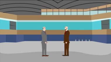 Modern ofis alanında birbiriyle konuşan iki iş adamının 2D animasyonu