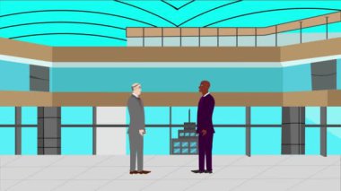 Modern ofis alanında birbiriyle konuşan iki iş adamının 2D animasyonu