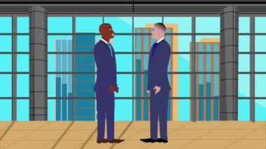 Modern ofis alanında birbiriyle konuşan iki iş adamının 2D animasyonu
