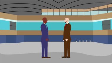 Modern ofis alanında birbiriyle konuşan iki iş adamının 2D animasyonu