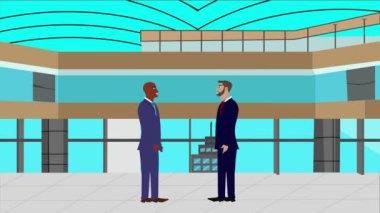 Modern ofis alanında birbiriyle konuşan iki iş adamının 2D animasyonu