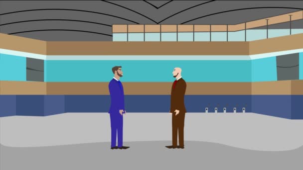 Animatie Van Twee Zakenman Karakter Praten Elkaar Moderne Kantoorruimte — Stockvideo