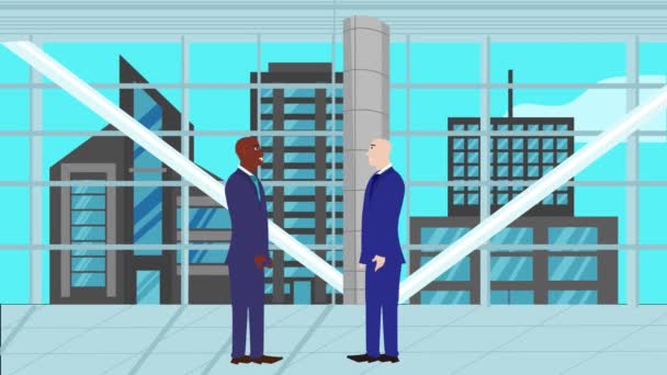 Animáció Két Üzletember Karakter Beszél Egymással Modern Irodai Területen — Stock videók