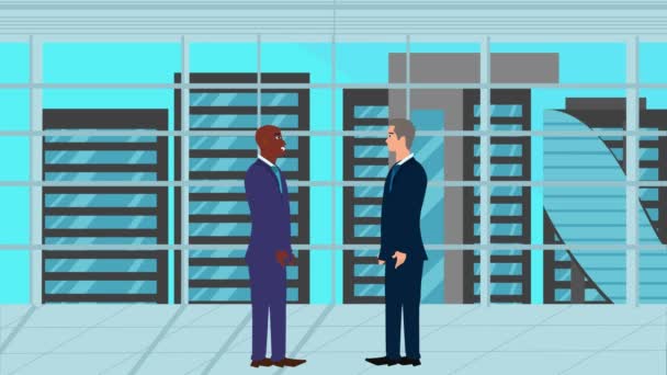 Animáció Két Üzletember Karakter Beszél Egymással Modern Irodai Területen — Stock videók