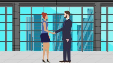 İş adamı ve kadın karakterinin animasyonu, el sıkışma, ofis modern arka planlı karikatür düz tasarımı