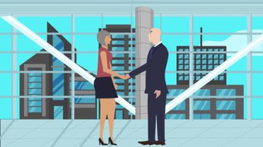 İş adamı ve kadın karakterinin animasyonu, el sıkışma, ofis modern arka planlı karikatür düz tasarımı