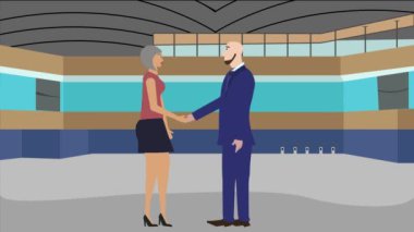 İş adamı ve kadın karakterinin animasyonu, el sıkışma, ofis modern arka planlı karikatür düz tasarımı