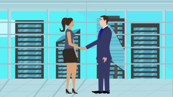 Animation Von Geschäftsmann Und Frauenfigur Händedruck Cartoon Flaches Design Mit — Stockvideo