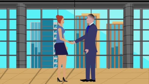 Animation Businessman Women Character Κάνει Χειραψία Καρτούν Επίπεδη Σχεδίαση Γραφείο — Αρχείο Βίντεο