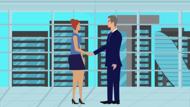 Animation Businessman Women Character Doing Handshake Cartoon Flat Design Office — стоковое видео