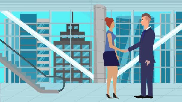 Animation Von Geschäftsmann Und Frauenfigur Händedruck Cartoon Flaches Design Mit — Stockvideo