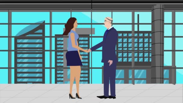 ビジネスマンと女性キャラクターのアニメーション ハンドシェイク オフィスモダンな背景を持つ漫画フラットデザイン — ストック動画