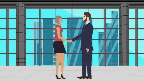 Animation Businessman Women Character Doing Handshake Cartoon Flat Design Office — стоковое видео