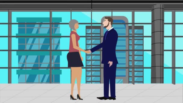 Animation Businessman Women Character Κάνει Χειραψία Καρτούν Επίπεδη Σχεδίαση Γραφείο — Αρχείο Βίντεο
