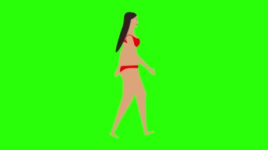Bikinili bir kadın, plaj temalı, düz döngü çizgi film karakteri animasyonu, kroma anahtarı.