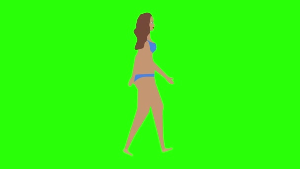 穿着比基尼走路的女人 海滩主题 无缝循环平面卡通人物动画 — 图库视频影像