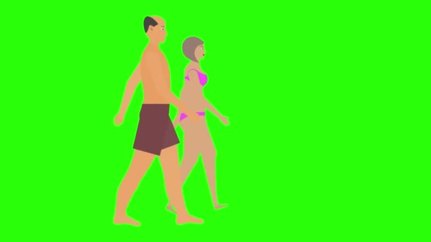 Pasangan Pria Dan Wanita Berjalan Siklus Lingkaran Tema Liburan Pantai — Stok Video