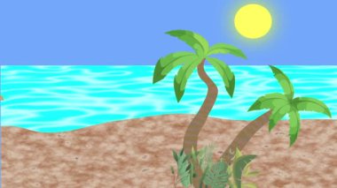 Sahilde yürüyen çift, 2D düz çizgi film animasyonu, arka planda deniz manzarası.