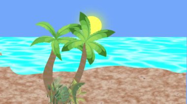 Sahilde yürüyen çift, 2D düz çizgi film animasyonu, arka planda deniz manzarası.