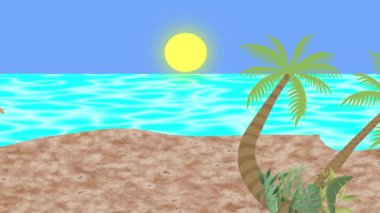 Sahilde yürüyen çift, 2D düz çizgi film animasyonu, arka planda deniz manzarası.