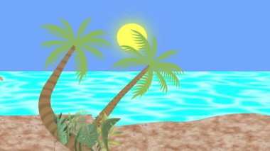 Sahilde yürüyen çift, 2D düz çizgi film animasyonu, arka planda deniz manzarası.