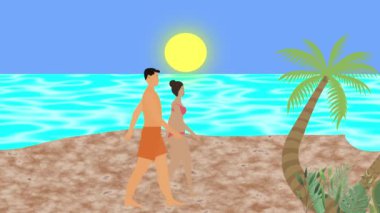 Sahilde yürüyen çift, 2D düz çizgi film animasyonu, arka planda deniz manzarası.