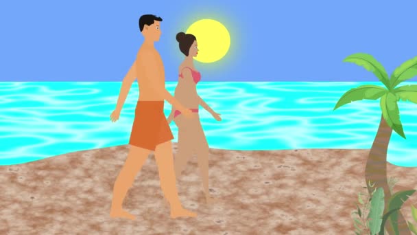 Pasangan Berjalan Pantai Animasi Kartun Datar Pemandangan Laut Latar Belakang — Stok Video
