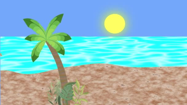 Couple Walking Beach Flat Cartoon Animation Sea View Background — Stock Video