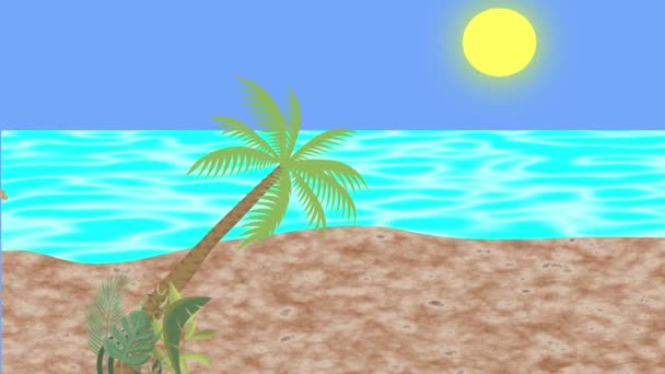 Pasangan Berjalan Pantai Animasi Kartun Datar Pemandangan Laut Latar Belakang — Stok Video