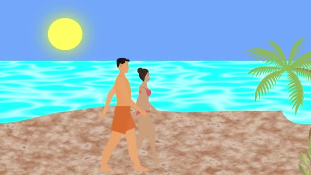 Par Promenader Stranden Platt Tecknad Animation Havsutsikt Bakgrunden — Stockvideo