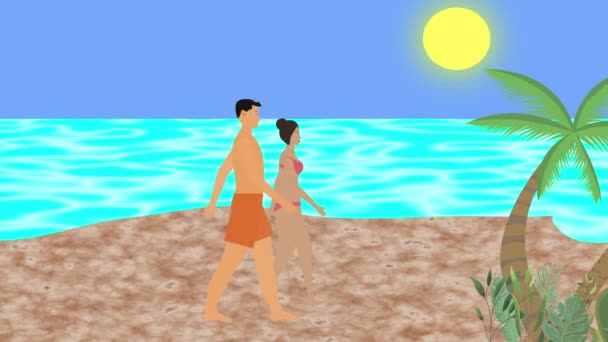 Par Promenader Stranden Platt Tecknad Animation Havsutsikt Bakgrunden — Stockvideo