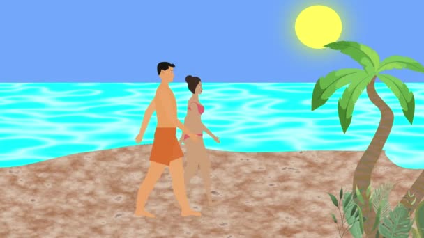 Ζευγάρι Περπάτημα Στην Παραλία Επίπεδη Κινούμενα Σχέδια Animation Θέα Στη — Αρχείο Βίντεο