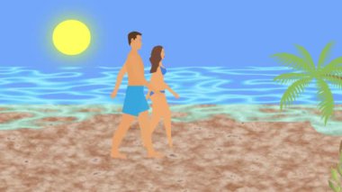 Sahilde yürüyen çift, 2D düz çizgi film animasyonu, arka planda deniz manzarası.