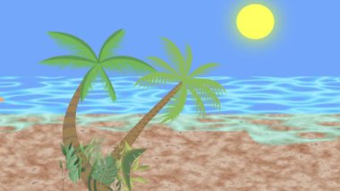 Sahilde yürüyen çift, 2D düz çizgi film animasyonu, arka planda deniz manzarası.