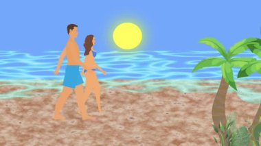 Sahilde yürüyen çift, 2D düz çizgi film animasyonu, arka planda deniz manzarası.