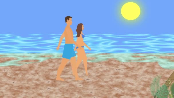 Caminhada Casal Praia Animação Desenhos Animados Plana Vista Mar Fundo — Vídeo de Stock