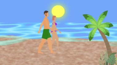 Sahilde yürüyen çift, 2D düz çizgi film animasyonu, arka planda deniz manzarası.