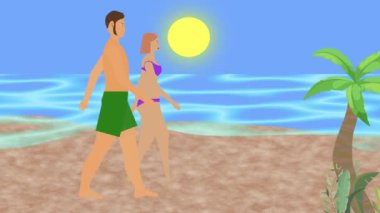 Sahilde yürüyen çift, 2D düz çizgi film animasyonu, arka planda deniz manzarası.