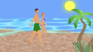 Sahilde yürüyen çift, 2D düz çizgi film animasyonu, arka planda deniz manzarası.