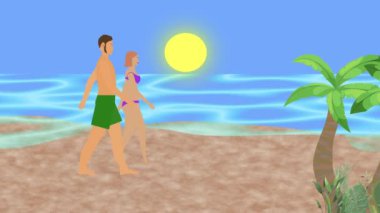 Sahilde yürüyen çift, 2D düz çizgi film animasyonu, arka planda deniz manzarası.