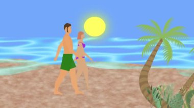 Sahilde yürüyen çift, 2D düz çizgi film animasyonu, arka planda deniz manzarası.