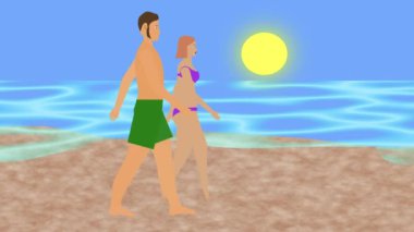 Sahilde yürüyen çift, 2D düz çizgi film animasyonu, arka planda deniz manzarası.